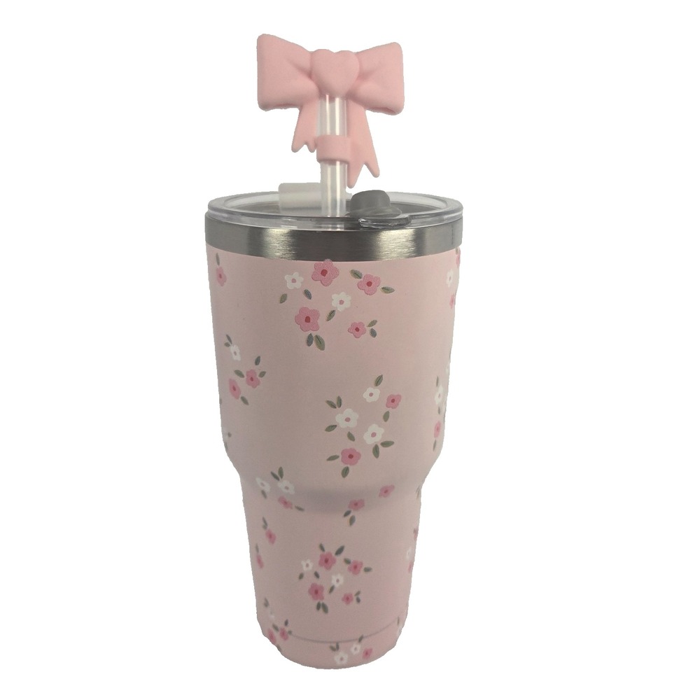Umi Tumbler 30 oz Pink Floral Stainless Steel Bow Straw Travel Cup New